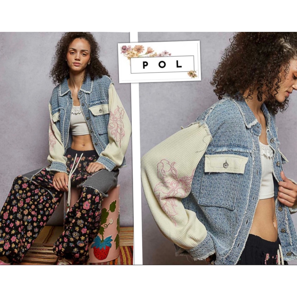 New POL Boho Coastal Cowgirl Embroidered Patchwork Denim Jacket sizes S, M, L